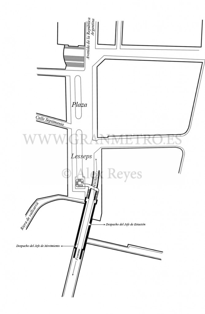 Plano de emplazamiento y configuración de andenes, corredores, y accesos a la estación Lesseps. Dibujo Alex Reyes.