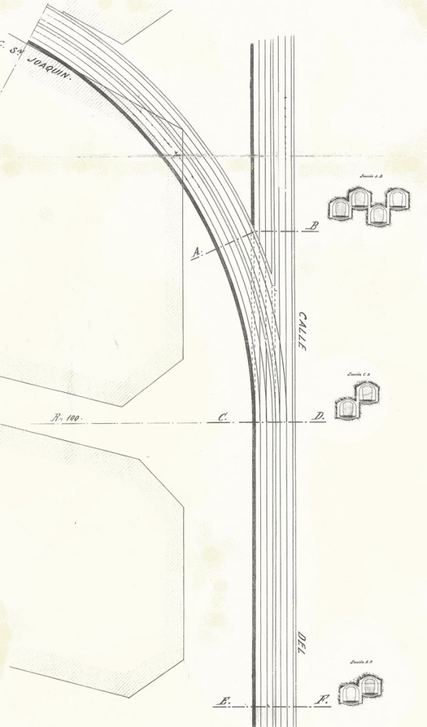Desarrollo y secciones transversales de la bifurcación Tipo, correspondiente a la cabecera lado Arenas de la estación Paralelo. Fuente: AGA.